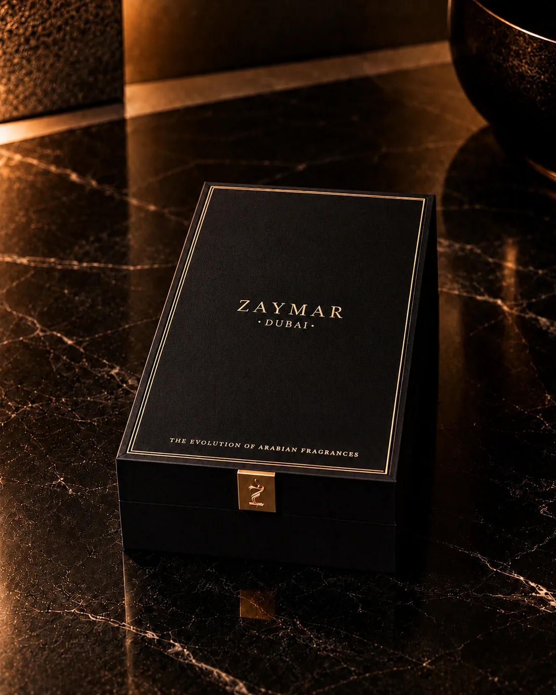 The Zaymar case, closed: black lacquer, a single gold line, the house seal
