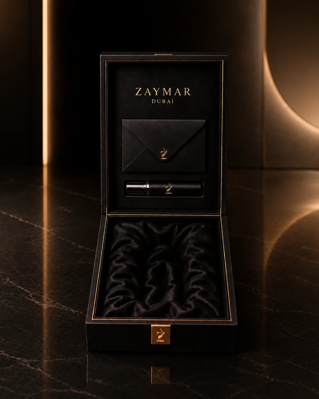 The Zaymar case, open: the black envelope and the 10 ml vial in their recess above the silk