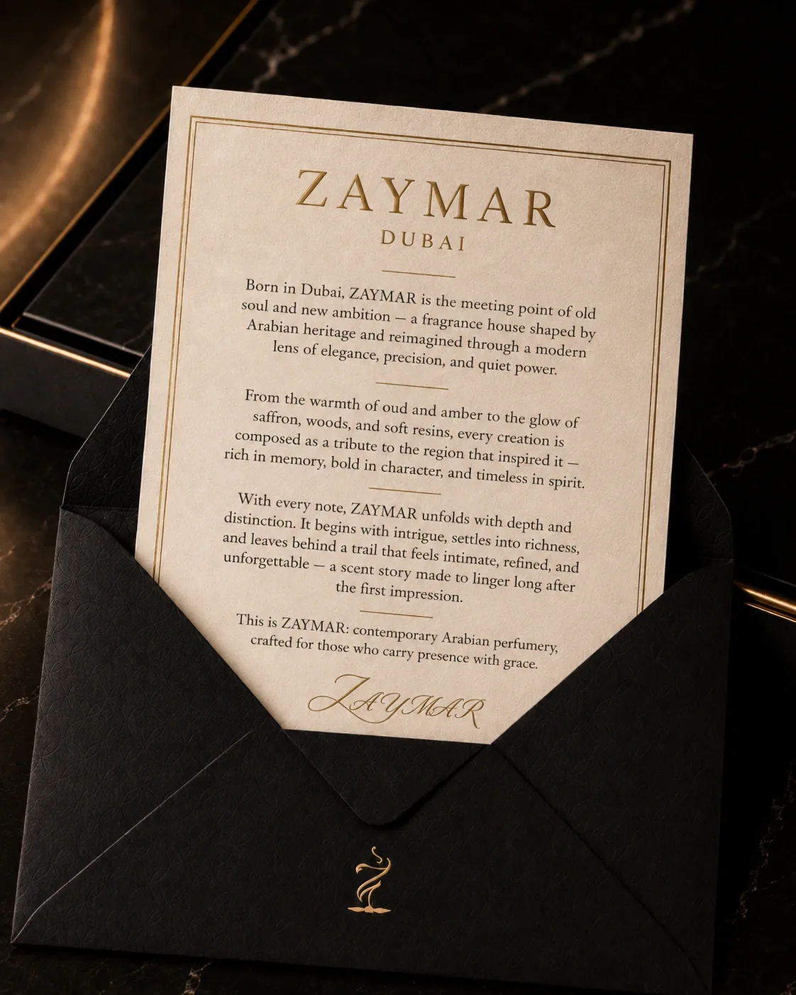 The house letter on ivory card, in its black envelope