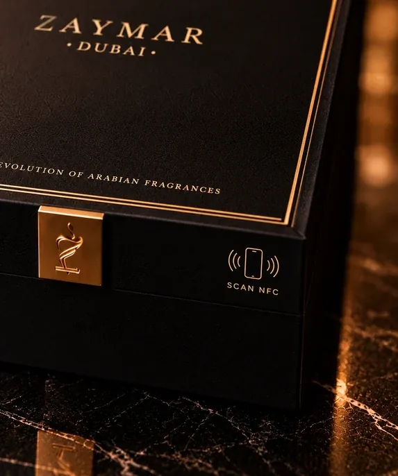 The Zaymar case: the gold seal and the Scan NFC mark beside it